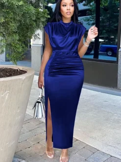 Plus Size Sleeveless Ruched Side Split Maxi Dress