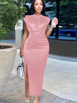 Plus Size Sleeveless Ruched Side Split Maxi Dress