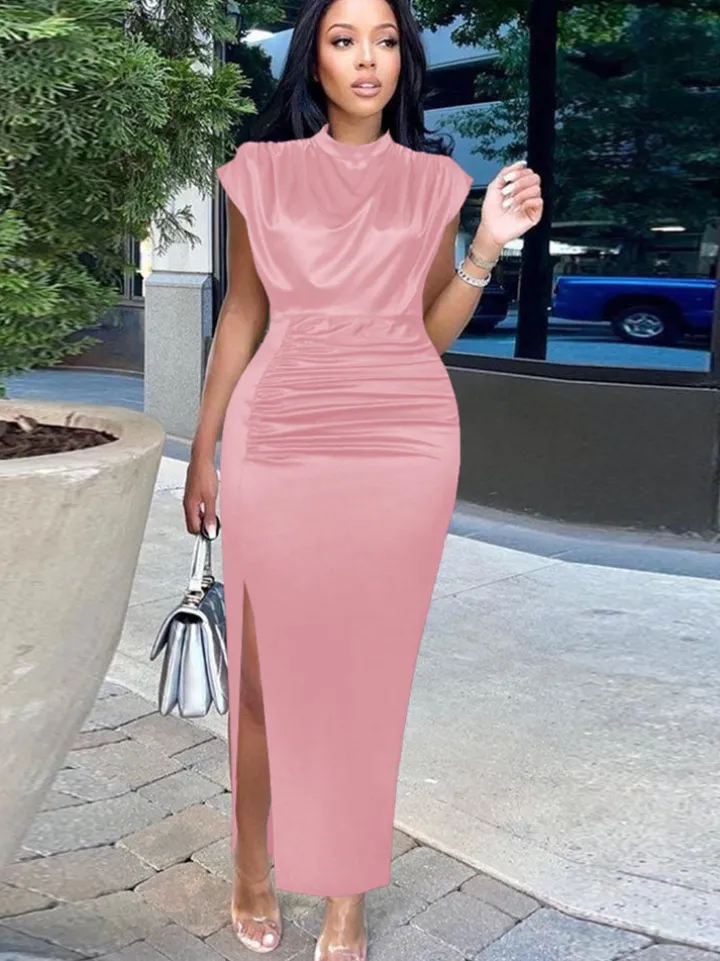 Plus Size Sleeveless Ruched Side Split Maxi Dress