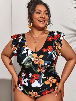 Plus Size Sleeveless Ruffle Floral Print Swimsuit