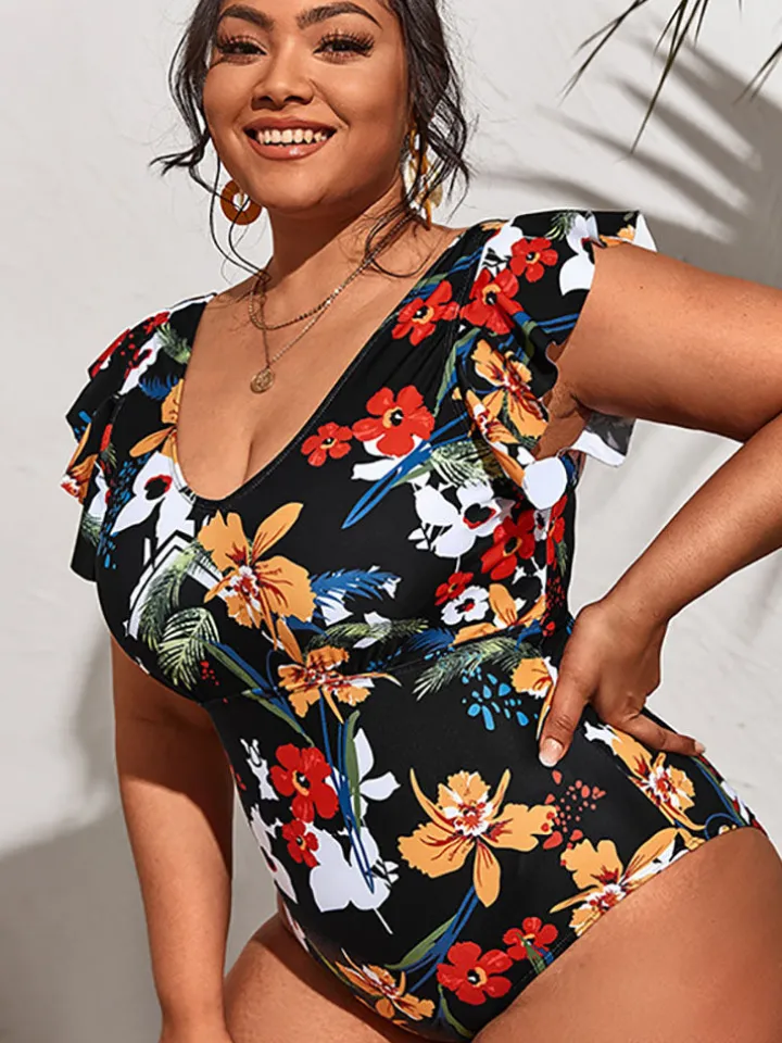 Plus Size Sleeveless Ruffle Floral Print Swimsuit