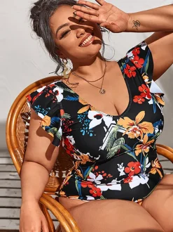 Plus Size Sleeveless Ruffle Floral Print Swimsuit