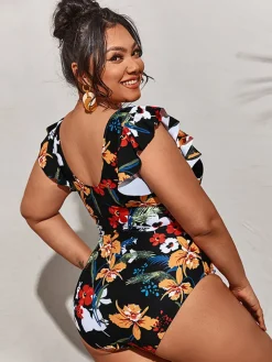 Plus Size Sleeveless Ruffle Floral Print Swimsuit