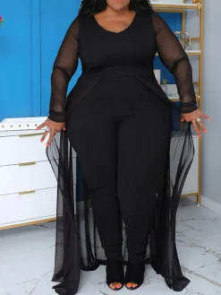 Plus Size Solid Color Patchwork Jumpsuit
