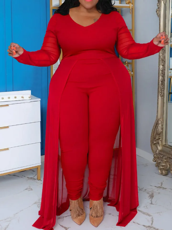 Plus Size Solid Color Patchwork Jumpsuit