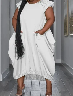 Plus Size Solid Color Ruffle Sleeve Maxi Dress