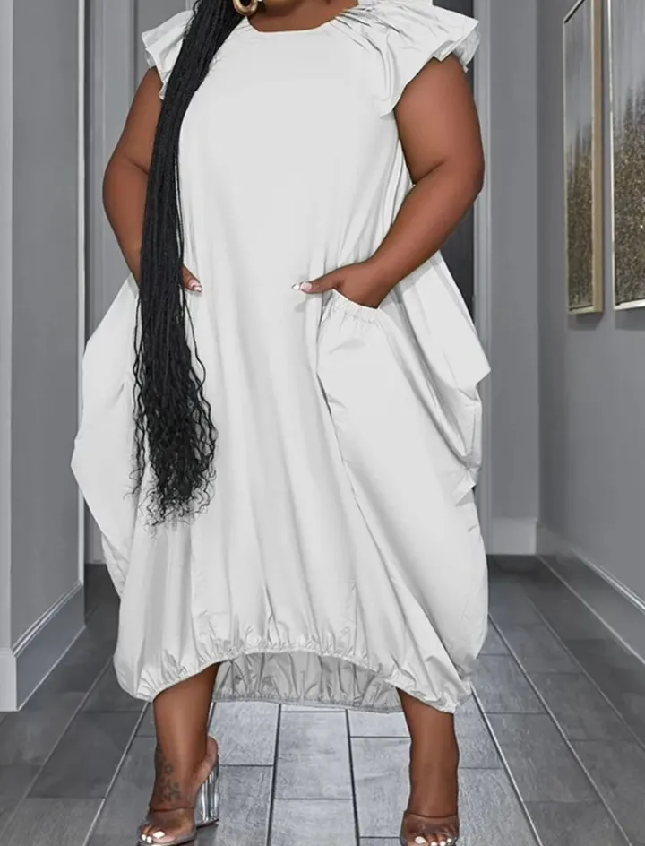 Plus Size Solid Color Ruffle Sleeve Maxi Dress