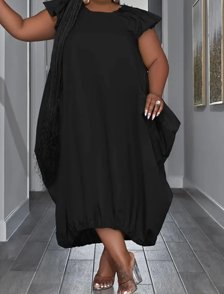 Plus Size Solid Color Ruffle Sleeve Maxi Dress