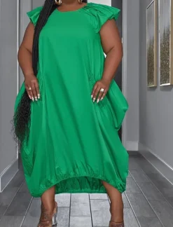 Plus Size Solid Color Ruffle Sleeve Maxi Dress