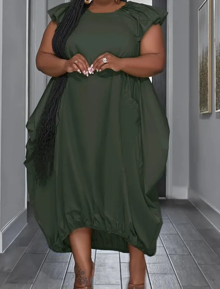 Plus Size Solid Color Ruffle Sleeve Maxi Dress