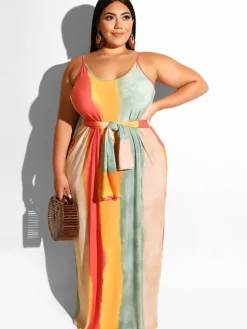 Plus Size Spaghetti Strap Striped Maxi Dress