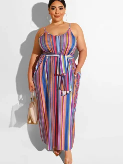 Plus Size Spaghetti Strap Striped Maxi Dress