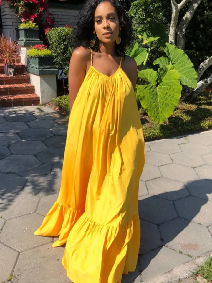 Plus Size Spaghetti Strap Ruffle Beach Maxi Swing Dress