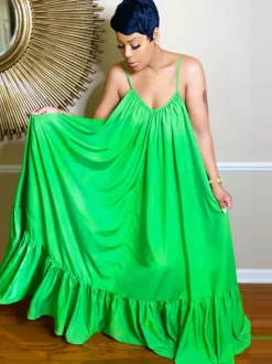 Plus Size Spaghetti Strap Ruffle Beach Maxi Swing Dress