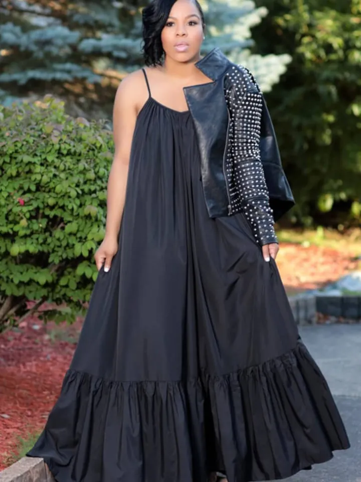 Plus Size Spaghetti Strap Ruffle Beach Maxi Swing Dress