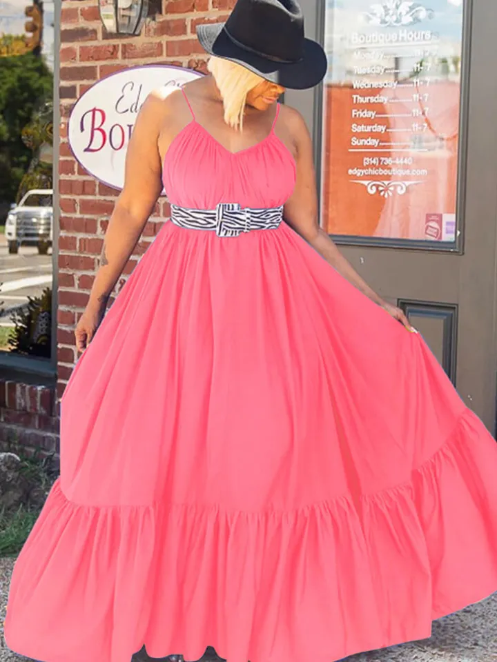 Plus Size Spaghetti Strap Ruffle Beach Maxi Swing Dress