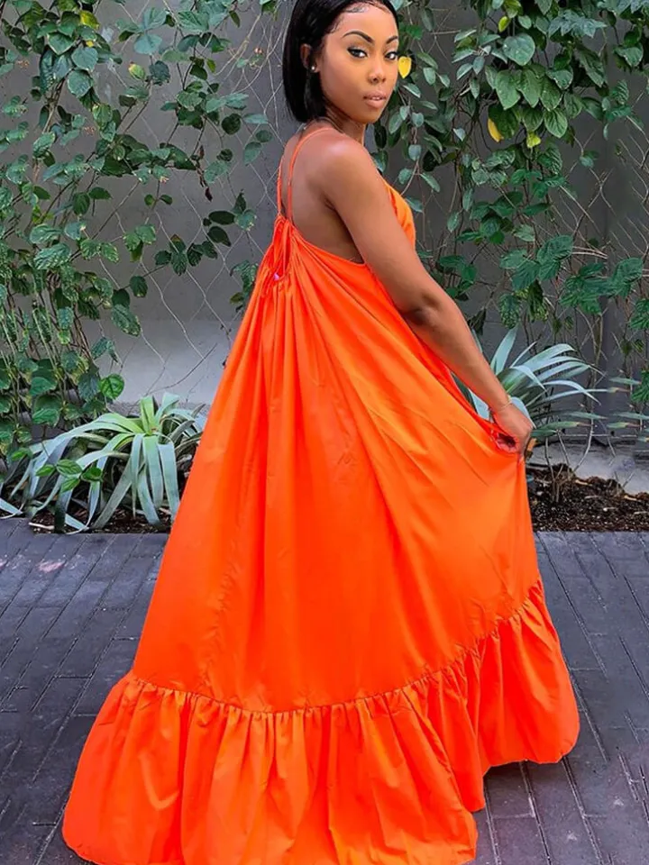 Plus Size Spaghetti Strap Ruffle Beach Maxi Swing Dress