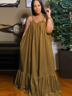 Plus Size Spaghetti Strap Ruffle Beach Maxi Swing Dress