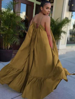 Plus Size Spaghetti Strap Ruffle Beach Maxi Swing Dress