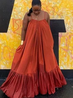 Plus Size Spaghetti Strap Ruffle Beach Maxi Swing Dress