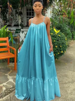 Plus Size Spaghetti Strap Ruffle Beach Maxi Swing Dress