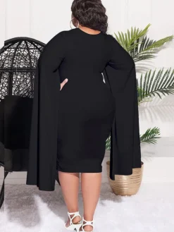 Plus Size Split Sleeves High Waist Midi Dress