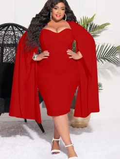 Plus Size Split Sleeves High Waist Midi Dress