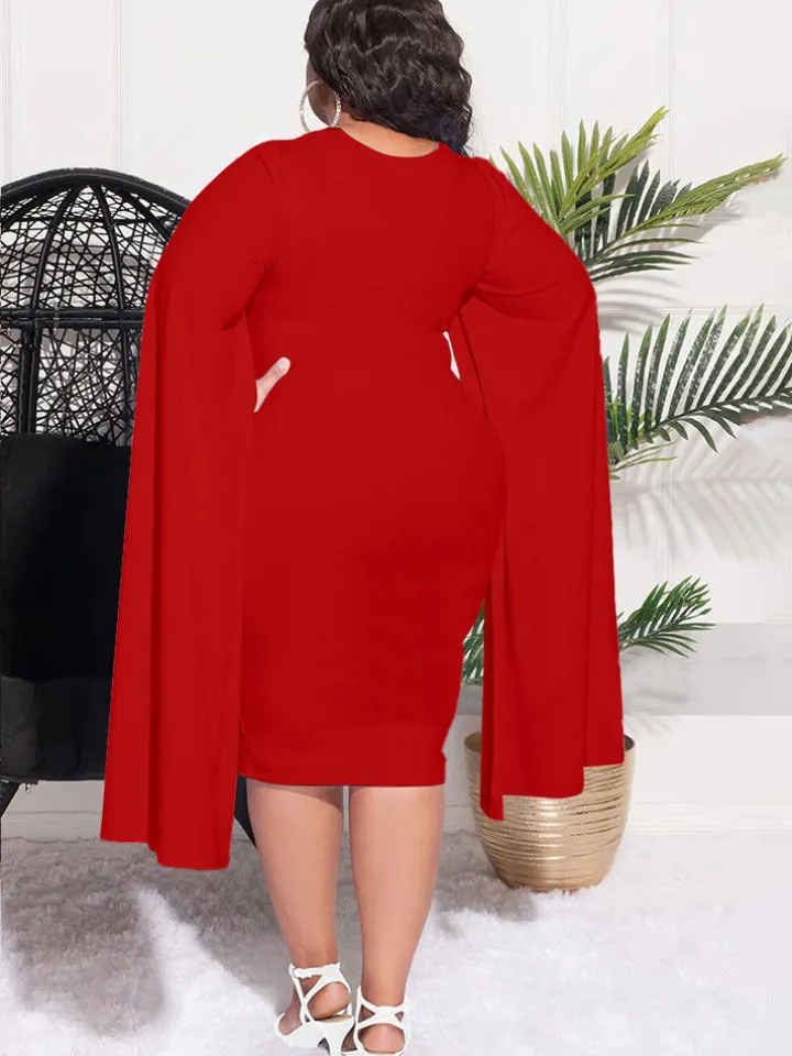 Plus Size Split Sleeves High Waist Midi Dress
