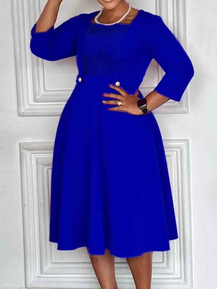 Plus Size Square Neck Pleated Dress