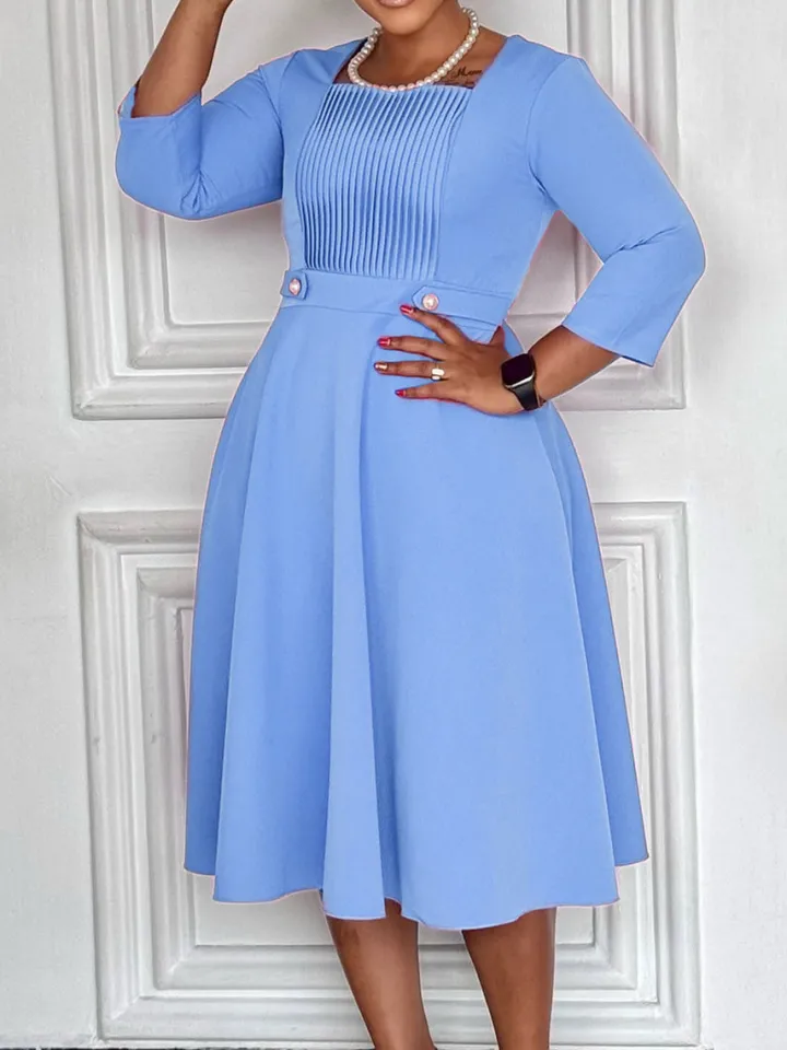 Plus Size Square Neck Pleated Dress