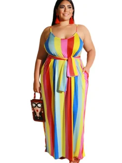 Plus Size Stripe Print Belt Sundress Maxi Dress