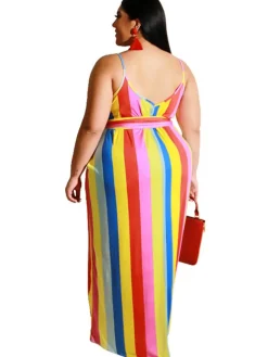 Plus Size Stripe Print Belt Sundress Maxi Dress