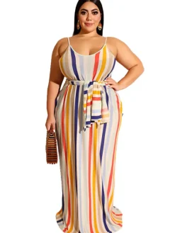 Plus Size Stripe Print Belt Sundress Maxi Dress