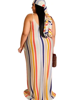 Plus Size Stripe Print Belt Sundress Maxi Dress