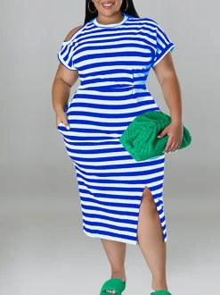 Plus Size Striped Dress with Pockets