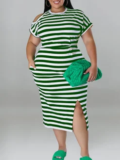 Plus Size Striped Dress with Pockets