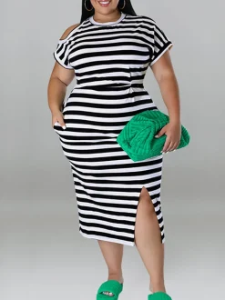 Plus Size Striped Dress with Pockets