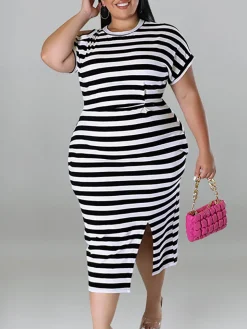 Plus Size Striped Dress with Pockets