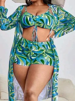 Plus Size Three Piece Floral Print Short Set