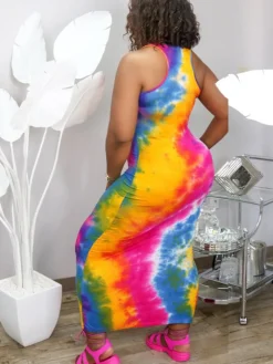Plus Size Tie Dye Print Bodycon Maxi Dress