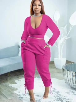 Plus Size Two Piece Long Sleeves Top Long Pants Outfits