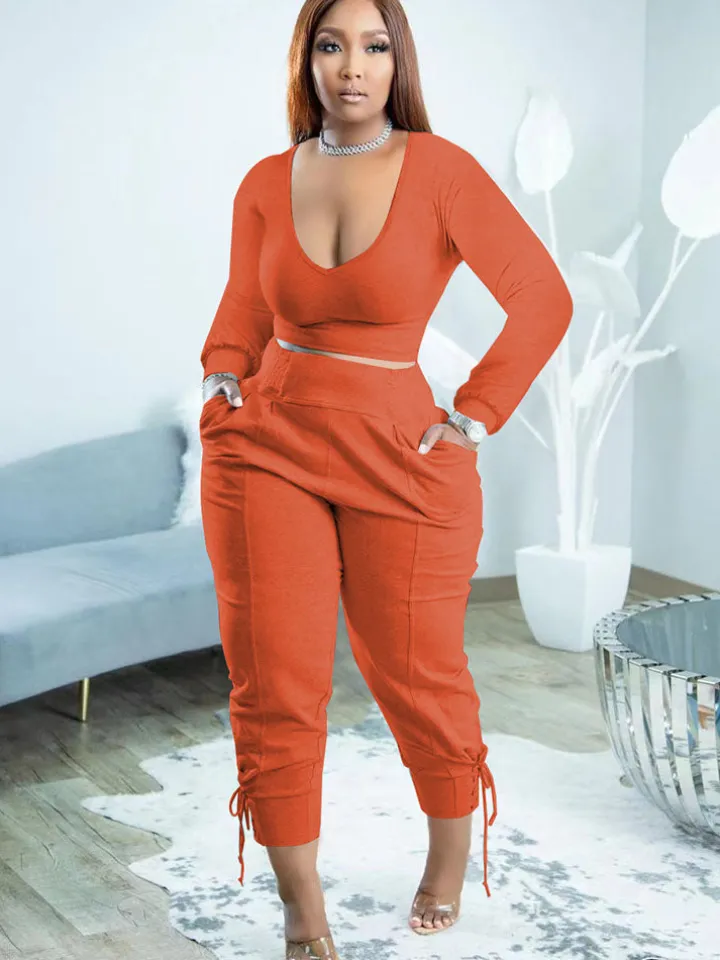 Plus Size Two Piece Long Sleeves Top Long Pants Outfits