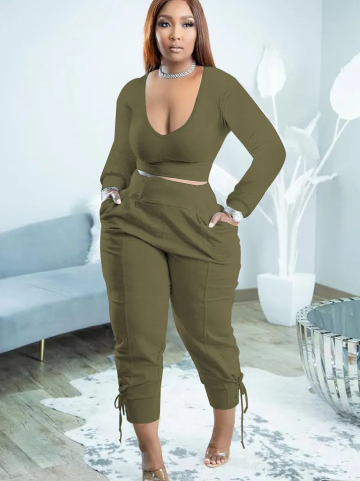 Plus Size Two Piece Long Sleeves Top Long Pants Outfits