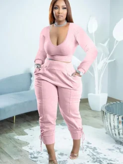 Plus Size Two Piece Long Sleeves Top Long Pants Outfits