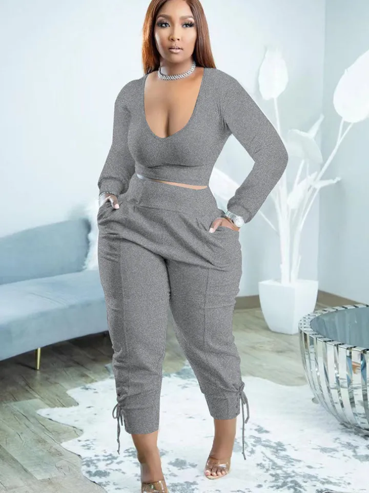 Plus Size Two Piece Long Sleeves Top Long Pants Outfits