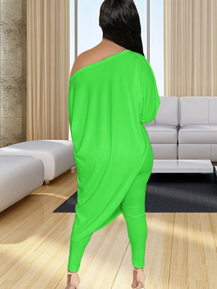 Plus Size Two Piece One Shoulder Top Long Pants
