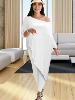 Plus Size Two Piece One Shoulder Top Long Pants