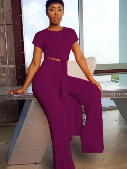 Plus Size Two Piece Short Sleeves Top Long Pants Outfits