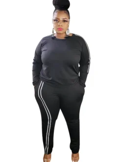 Plus Size Two Piece Stripe Long Sleeve Top Pants Set