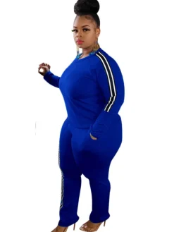 Plus Size Two Piece Stripe Long Sleeve Top Pants Set